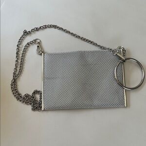 Estee & Lilly Silver Mesh Clutch Crossbody Bag with Ring Handle & Chain Strap